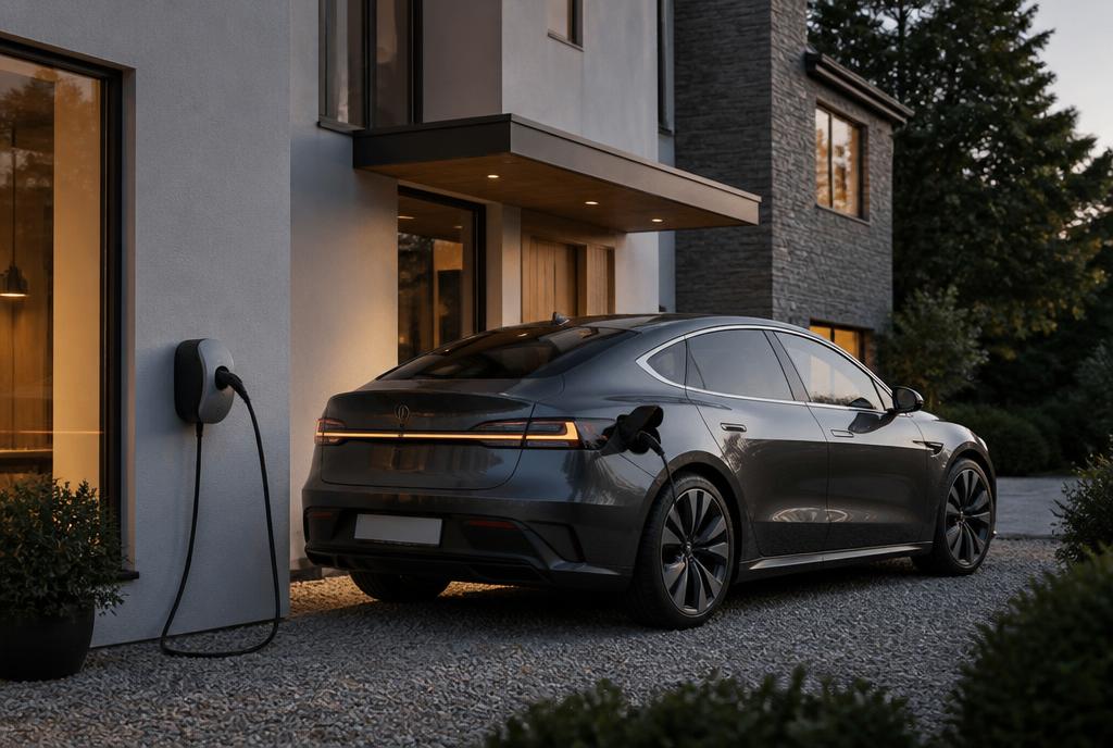 An electric car charging on the driveway of a British home in the evening
