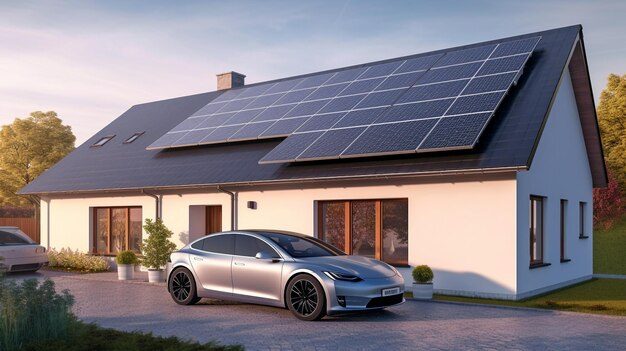 An electric car plugged in to charge outside a cottage