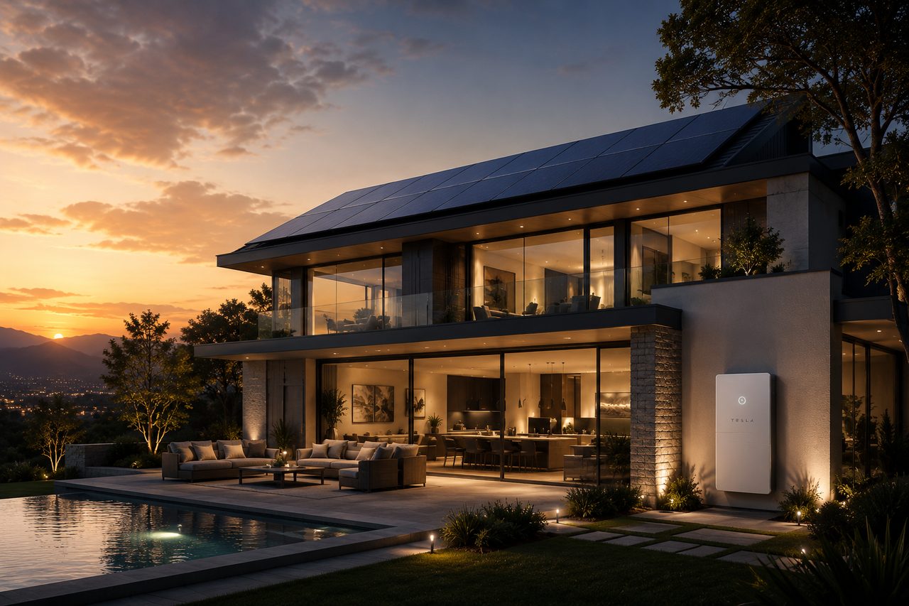 An illustration of solar energy flowing from rooftop panels