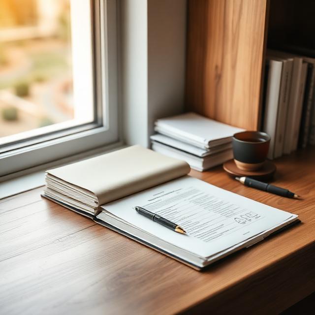 A tidy desk with documents and a pen beside a bright window