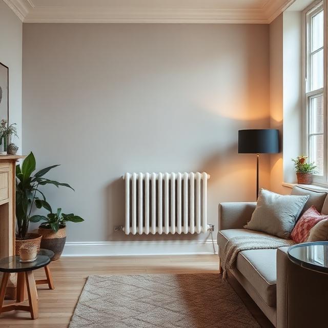 A warm modern British living room with a contemporary radiator