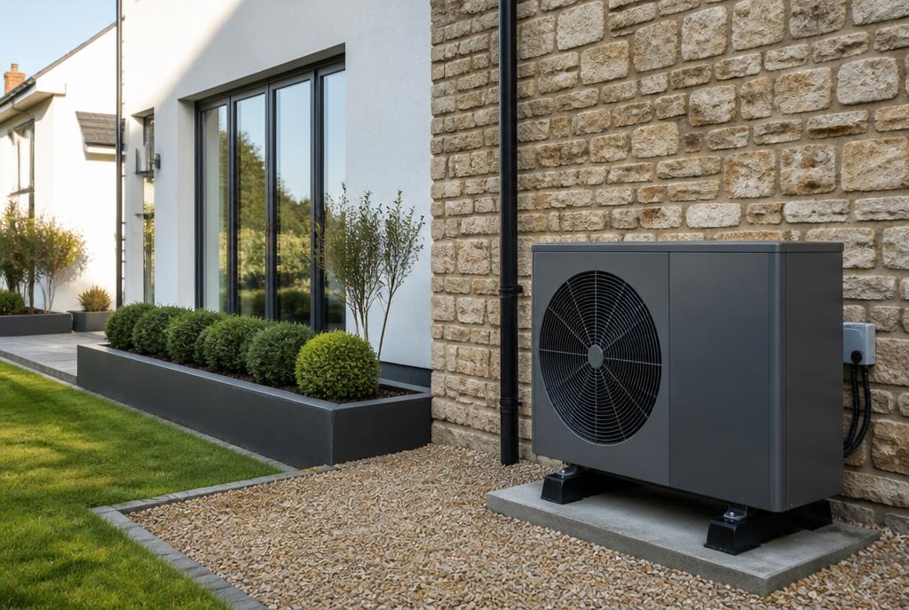 An air source heat pump installed outside a contemporary home