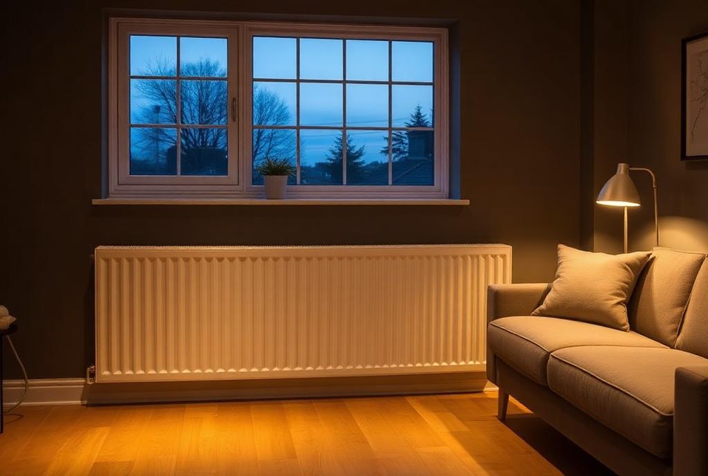 A warm modern British living room with a low contemporary radiator beneath the window at dusk